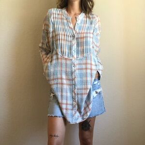 Free People Plaid Button-Up Top - Blue and Orange